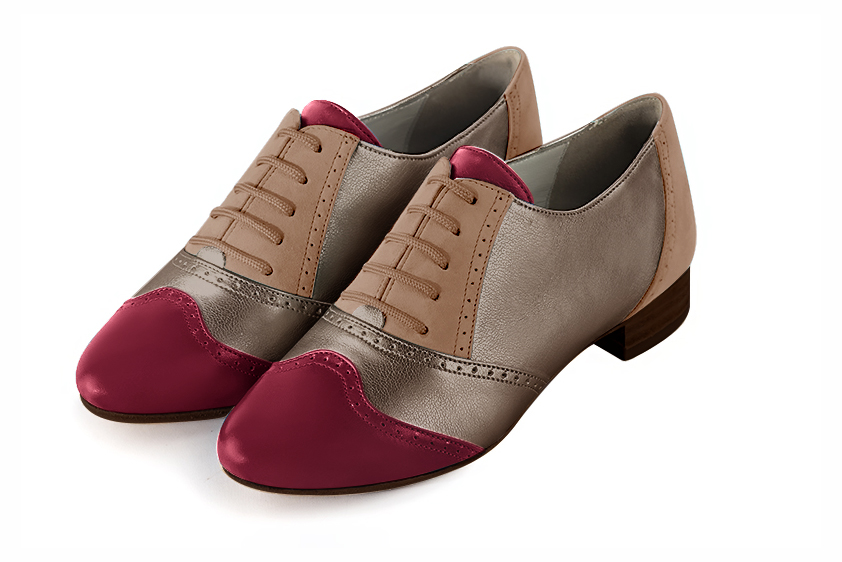 Burgundy red, bronze gold and biscuit beige women's fashion lace-up shoes.. Front view - Florence KOOIJMAN
